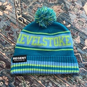 Revelstoke British Columbia winter Pom Beanie hat - Teal & Lime